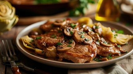 a close up of a plate of food with meat and veggies on a table with a knife and fork.