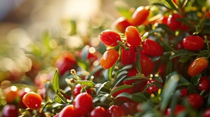  a close up of a bunch of red peppers growing on a plant with green leaves and bright sunlight in the background.