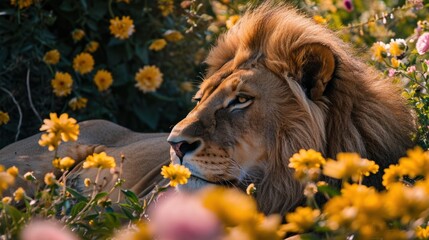  a close up of a lion laying in a field of flowers with a lion laying in the middle of the flowers.
