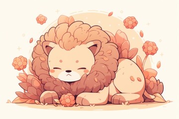  a cartoon lion laying on the ground with its head on it's back, surrounded by leaves and flowers.