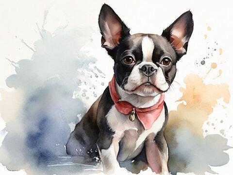 Adorable Boston Terrier Dog in a Watercolor Painting