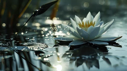 Foto op Canvas  a white water lily floating on top of a lake next to a reed filled with lots of water lilies. © Shanti