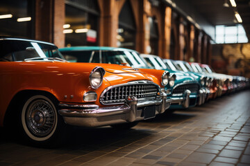 Fototapeta na wymiar Colorful retro cars parked in a row. Classic cars in a row. Retro exhibition of an old motor vehicle.