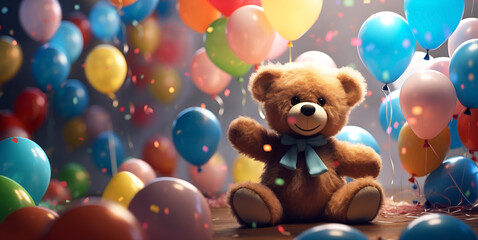 Colorful background of party balloons and teddy bear