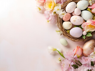 Fototapeta na wymiar Colorful Easter eggs with beautiful spring flowers on a pink background with copy space. Postcard or banner