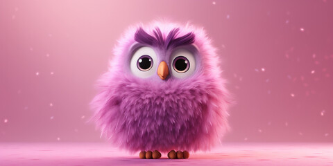 A purple bird with a purple bird on it, A pink bird with big eyes and big eyes.