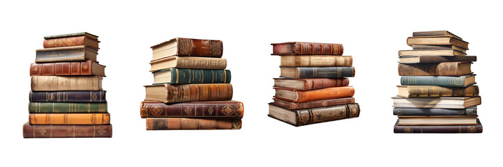 Set of stack of books with fine details and realistic textures on a transparent background