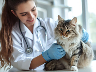 A beautiful female vet nurse doctor examining a happy cat making medical tests in a veterinary clinic.