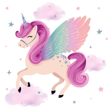 Cute cartoon pegasus, vector illustration for kids artworks, t shirt prints, wallpapers.