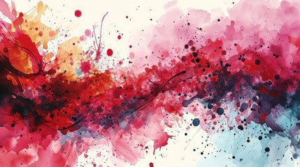  a painting of red, blue, and pink paint splattered on a white background with space for text.