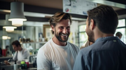 A happy smiling man communicates with a hairdresser in a barbershop with a beautiful new hairstyle. Small business in the service sector, work, hobbies, profession, beauty and care concepts.