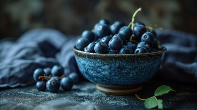  a bowl filled with blue berries sitting on top of a table next to a leafy green leafy plant.
