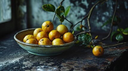 Naklejka na ściany i meble a bowl of oranges sitting on a table next to a branch with green leaves and a window in the background.