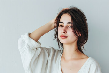 Naklejka premium Young woman posing in front of clean background.Copyspace for text.