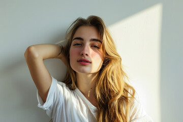Naklejka premium Young woman posing in front of clean background.Copyspace for text.