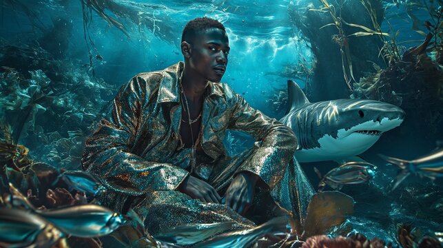 Underwater Fashion Statement with Shark. AI Generated