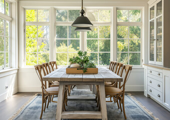 Charming Farmhouse Dining Room with Mismatched Chairs, Garden View | Real Estate Property Inspection Image