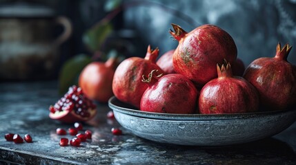  a bowl filled with lots of pomegranate next to a bunch of pomegranates on a table.