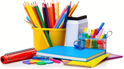 Back to school, A group of school supplies and books, carrying school supplies, stationery. on a...