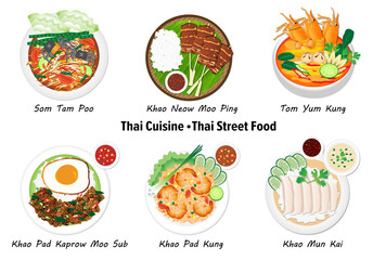 Thai food set. Thai Street Food. Delicious Thai food  set. JPG Thai food, papaya salad, chicken rice, khao pad, stir fry, tom yum kung,, moo ping.