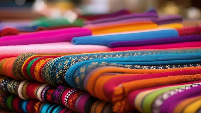 Closeup of colorful handmade textiles being sold at a bustling cultural market.