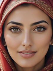 Beautiful Muslim woman smiling and laughing wearing a hijab and decorated shawl