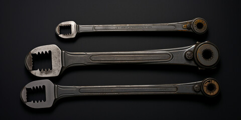 Three wrench tool , Collection of wrenches and tools .