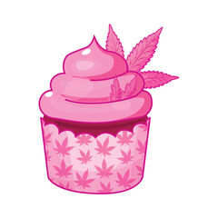 Pink marijuana cannabis weed cupcake isolated on white background. Vector illustration of cannabis muffin. 