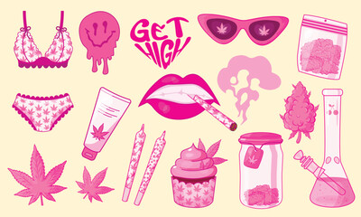 Collection of vector illustrations in pink girly style y2k. Marijuana, cannabis, weed, jar of cones, lips, joint, lingerie. Editable stroke. Set of pink dope, drug, narcotic stickers. 