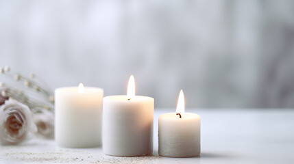 Fototapeta na wymiar Tranquil Trio of Lit Candles with Soft Floral Accents for Luxury Beauty, Cosmetic, Skincare, Body Care, Aromatherapy, Spa Product Display Background
