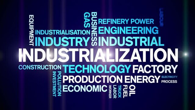 industrialization animated tag word cloud;text design animation kinetic typography seamless loop.