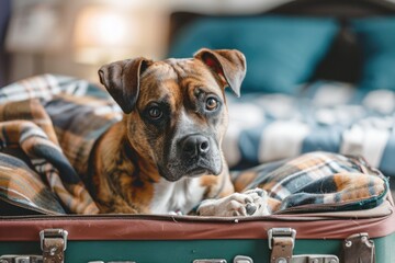 Cute dog sitting in suitcase. Travel background 
