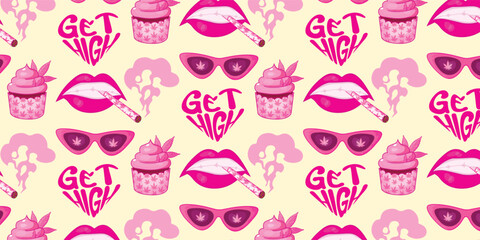 Pink seamless pattern with marijuana, weed, cannabis, leaves, glasses, lips, buds, joint, cigarette, cupcake. Vector illustration in y2k style, girly pink aesthetic. Trendy background. - obrazy, fototapety, plakaty