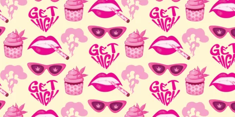 Fotobehang Pink seamless pattern with marijuana, weed, cannabis, leaves, glasses, lips, buds, joint, cigarette, cupcake. Vector illustration in y2k style, girly pink aesthetic. Trendy background. © Ekaterina_Balashova