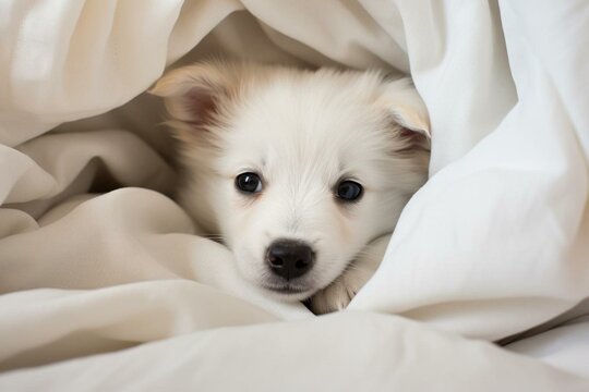 Small white puppy naps under a cover on a bed indoors. Viewed from above. Generative AI