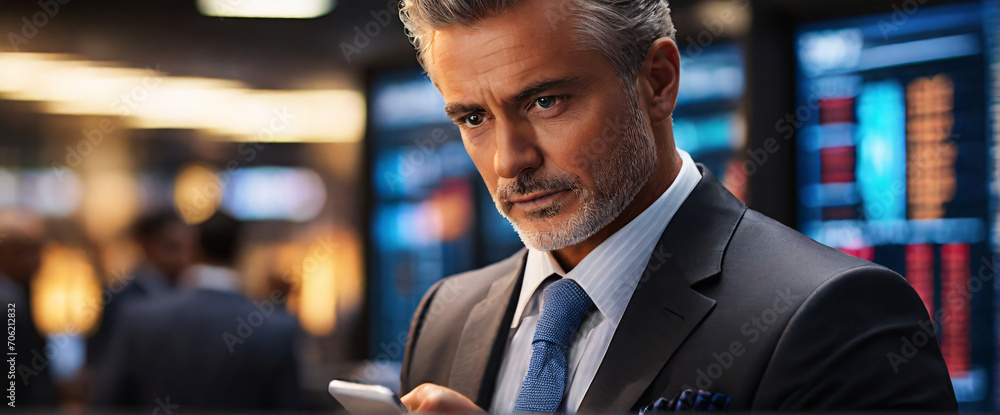 Poster a businessman using a tablet to analyze large data sets in a time-sensitive scenario, such as a stoc