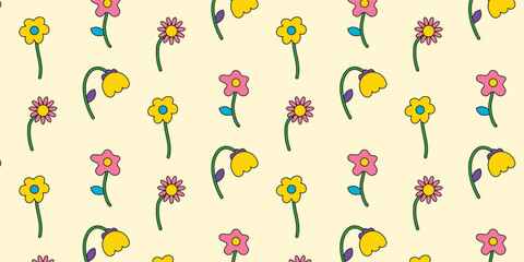 Seamless pattern with multicolored flowers collection in retro groovy style. 70s, 80s, 90s vibe. Trendy hand drawn flowers. Vector illustration. Botanical floral elements. 