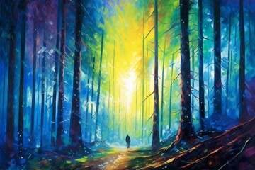 impressionist oil painting of northern lights in the forest. Generative AI