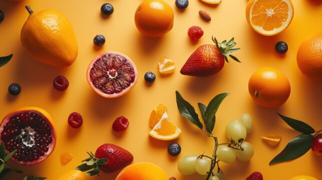  a table topped with oranges, strawberries, grapes, and oranges on top of a yellow surface.