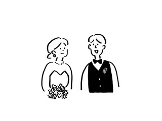 ウエディングドレスの女性とタキシードの男性、モノトーン