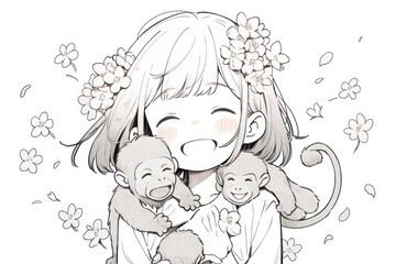  a drawing of a girl holding a monkey and a monkey with flowers in her hair and a flower in her hair.