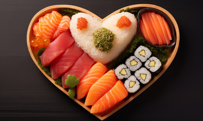 Heart shaped sushi plate of many types of sushi. A valentines day special dish for dinner. Set of heart shaped rolls for online restaurant menu on dark background. Sushi on tray in shape of heart.