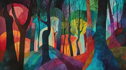  a painting of a forest filled with lots of trees and a person standing in the middle of the forest with the sun shining through the trees.