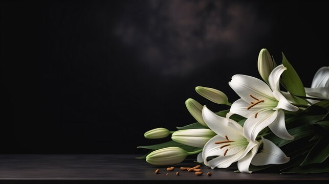 White lilies on a black background. Symbolizing funeral, mourning, and remembrance. Generative AI