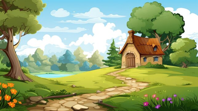 Nature scene with wooden house in the forest, cartoon style