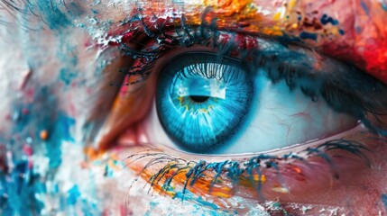  a close up of a person's blue eye with multicolored paint on the iris of the eye.