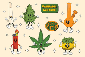 Collection of groovy retro characters. Cannabis, weed, marijuana, bong, lighter, bud, greender, joint, blunt. Cannabis culture. Set of psychedelic drug characters. 70s, 80s, 90s hippie vibe. Vector. 