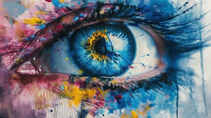 Fototapeta premium a painting of a blue eye with multicolored paint splatters all over it's face and eyeball.