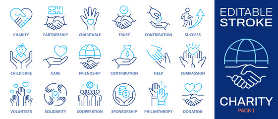 Charity icons, such as handshake, heart, donate, trust, volunteer and more. Vector illustration isolated on white. Editable stroke. - obrazy, fototapety, plakaty