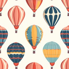 Obraz premium Seamless Patterns for prints | Hot Air Balloon Meadow 2D Illustration: A meadow filled with hot air balloons, each showcasing unique patterns and colors against a clear sky.